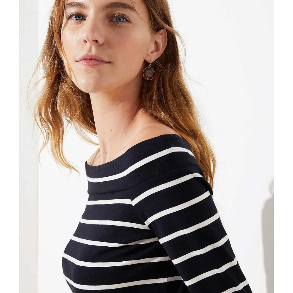 NWT LOFT Black Ivory striped 3/4 sleeve off the shoulder tee XS Xsmall